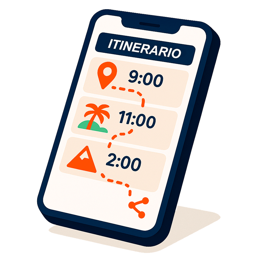 Smartphone mostrando un itinerario de atracciones con conexiones punteadas y opción de compartir.