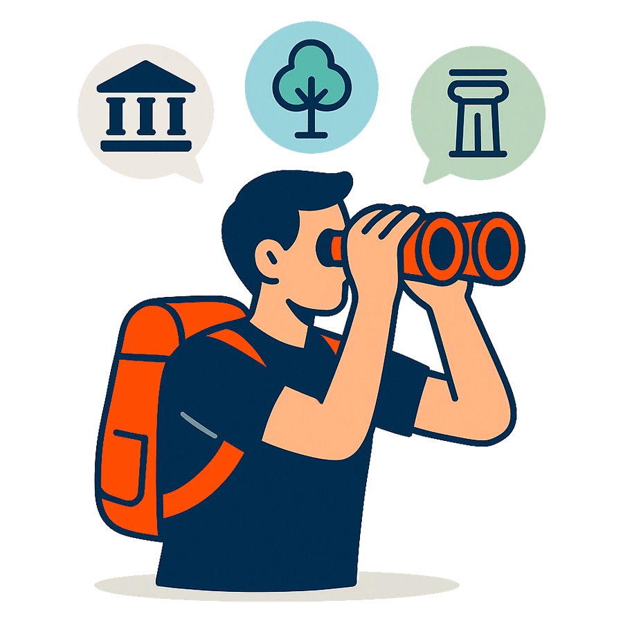 Persona con binoculares descubriendo museos, parques y monumentos cerca de mí.