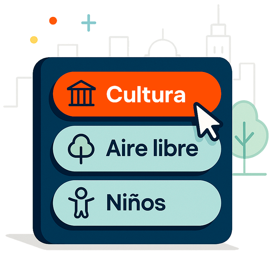 Panel de filtros con opciones cultura, aire libre y planes para niños para filtrar atracciones según intereses.