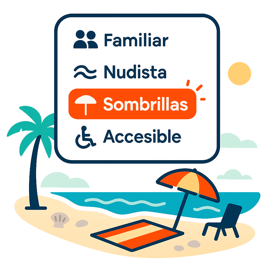 Panel de filtros con etiquetas familiar, nudista y sombrillas para encontrar playas cerca de mí según ambiente y servicios.