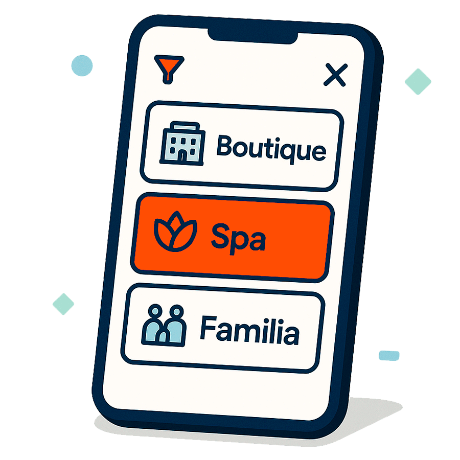 Panel de filtros con etiquetas boutique, spa y familiar para encontrar hoteles cercanos según tu estilo de viaje.