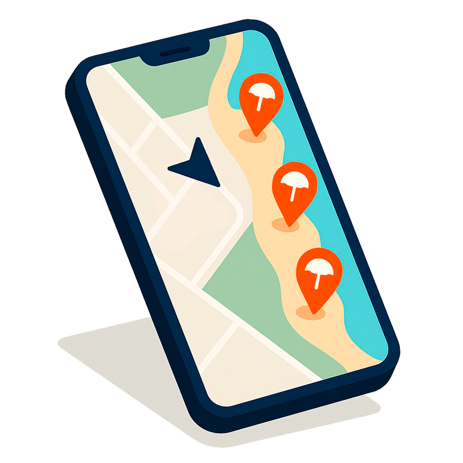Smartphone con flecha GPS y pines que indican playas cerca de mí con bandera azul y servicios.
