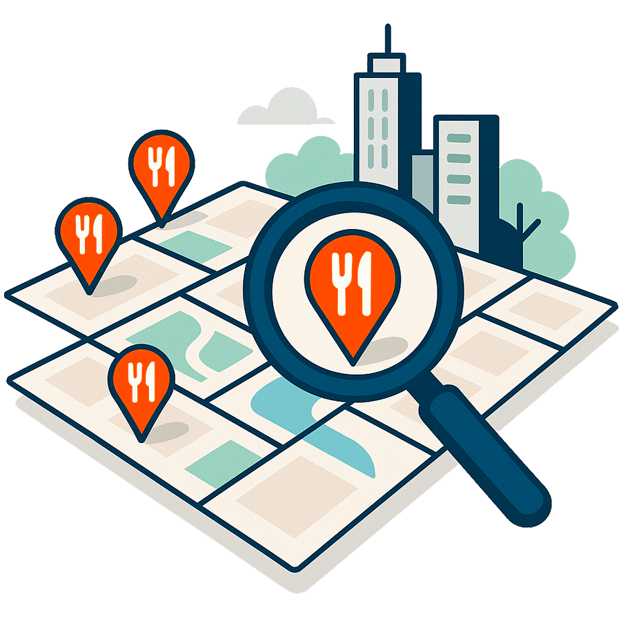 Lupa sobre un mapa de ciudad con marcadores de restaurantes para explorar por barrio o ciudad.