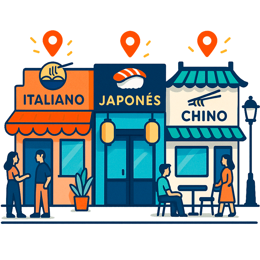 Fachadas de restaurantes italiano, japonés y chino ilustrando filtros de cocina y presupuesto.