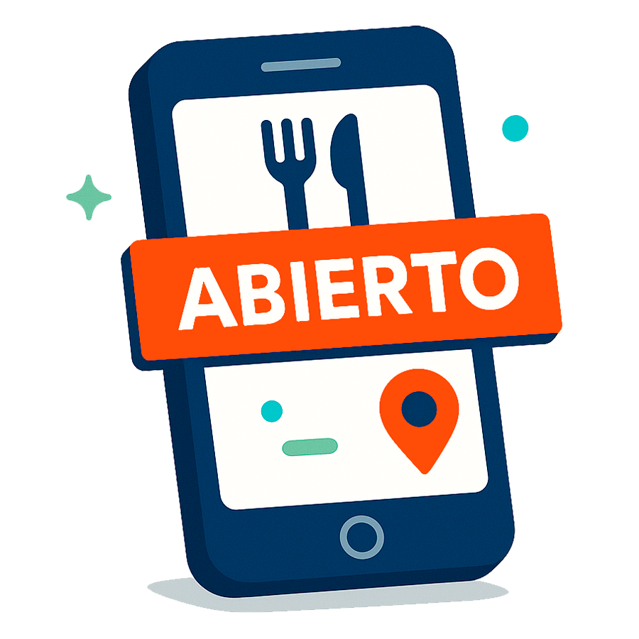 Smartphone con cinta de “ABIERTO” mostrando restaurantes abiertos cerca de mí.